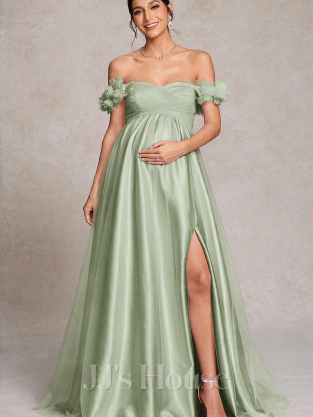 JJs House Sage Green One-Shoulder Maternity Evening Gown